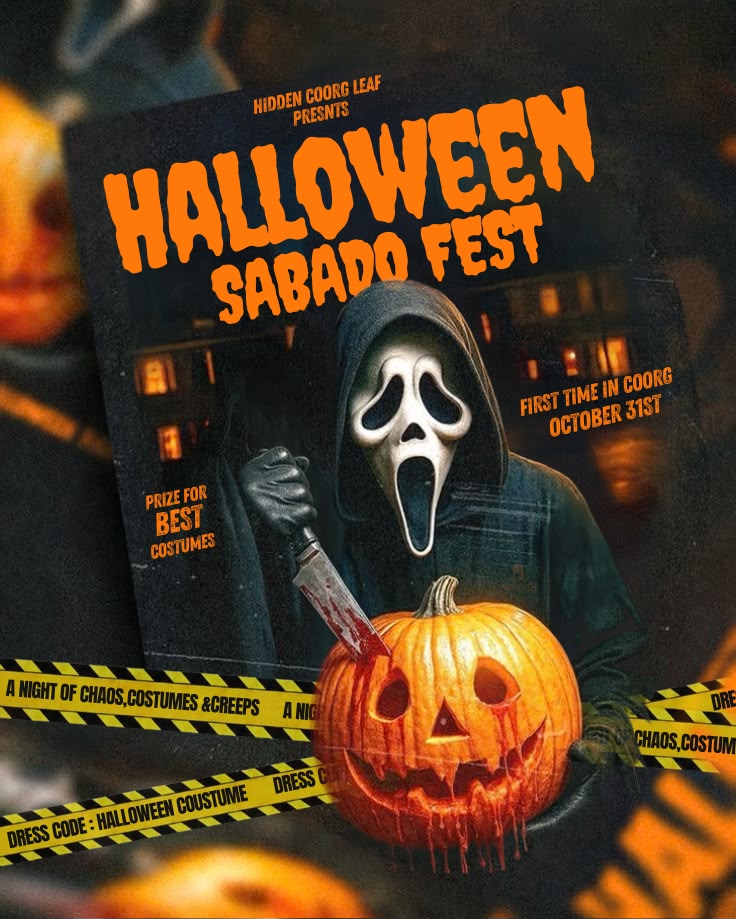 Halloween Sábado Fest masked character and jack-o-lantern poster