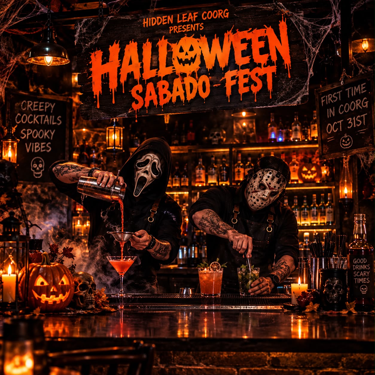 Halloween themed bar with costumed bartenders